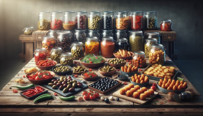 A colorful spread of prepared tapas on a rustic table, with airtight containers in the background.