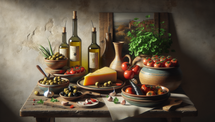 A collection of ingredients including olives, tomatoes, garlic, manchego cheese, fresh herbs, olive oil, and chorizo on a rustic kitchen countertop.