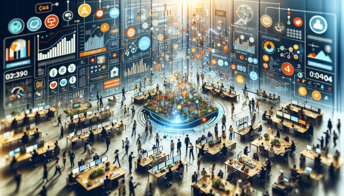 Digital dashboard displaying high views, moderate clicks, and customer actions in a busy business environment.