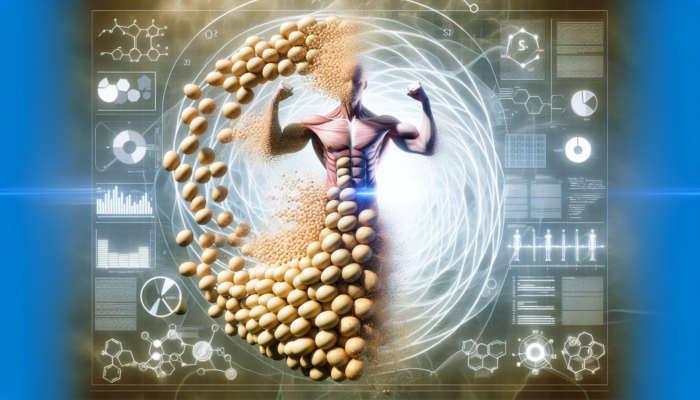Plant-Based Protein Powders: Soybeans transforming into a muscular athlete, surrounded by amino acid molecules, symbolising soy protein's power for muscle recovery and growth.