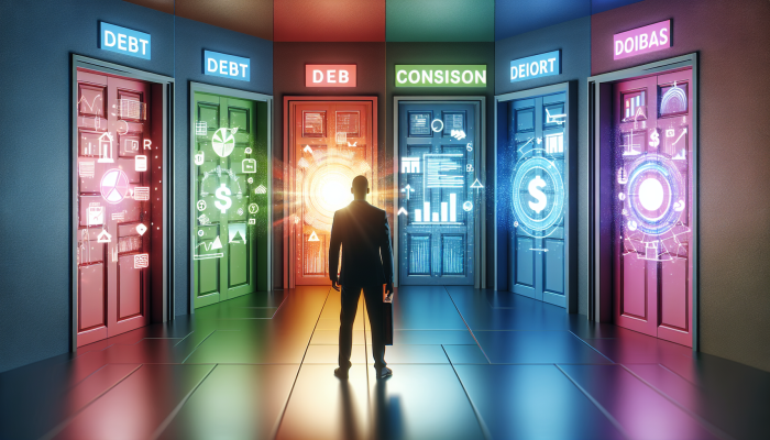 How to Tell if Debt Consolidation is Right for You: UK Guide | DCL A person choosing from colourful doors labelled with debt consolidation options in a bright hallway.