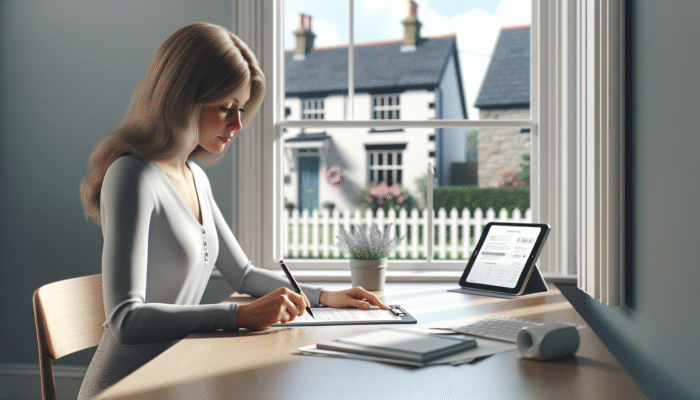Individual signing Lasting Power of Attorney at a desk, with a UK home visible through the window, representing effective remote management.