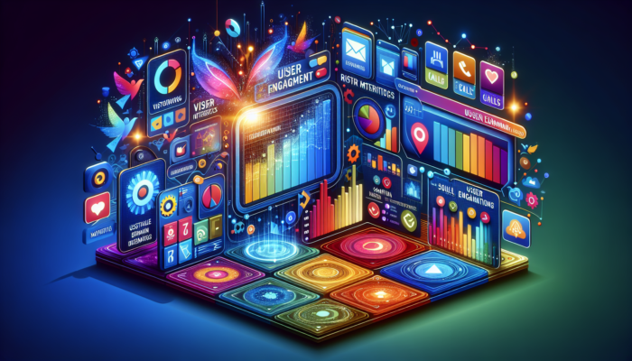 A vibrant digital interface illustrating user engagement metrics like click-through rates, call statistics, and direction requests with colourful graphs.