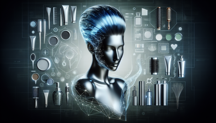 A woman showcasing sleek, luminous glass hair styled elegantly, with premium hair care products displayed in the background.