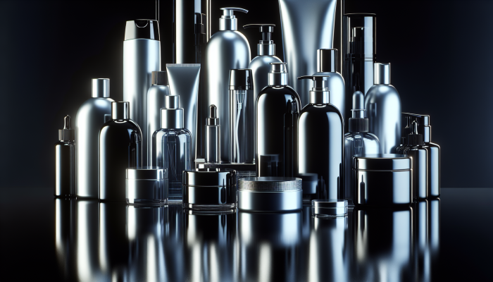 A display of sleek, shiny glass hair alongside various premium hair care products arranged on a glossy black surface.