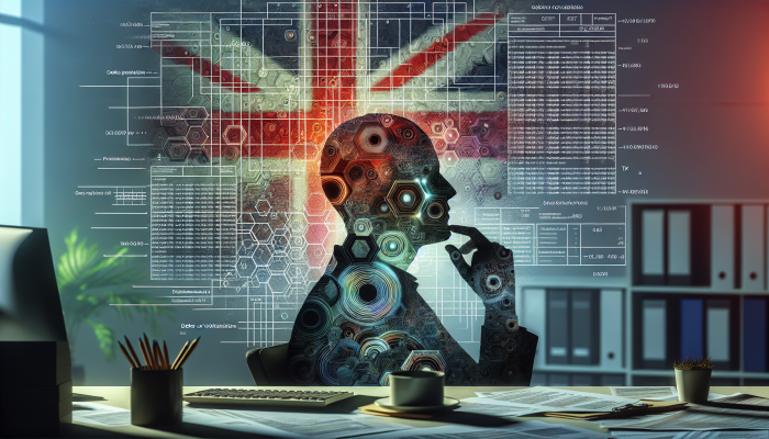 Individual in an office contemplating debt consolidation fees, surrounded by financial documents and the UK flag.