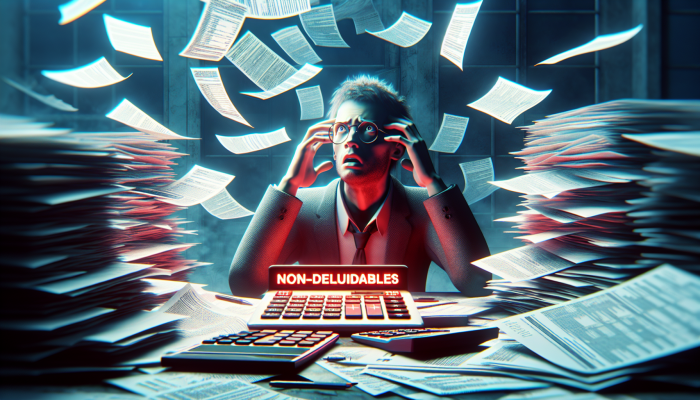 Individual appearing confused amidst scattered documents and calculators, with a tax form highlighting non-deductible fees in red.