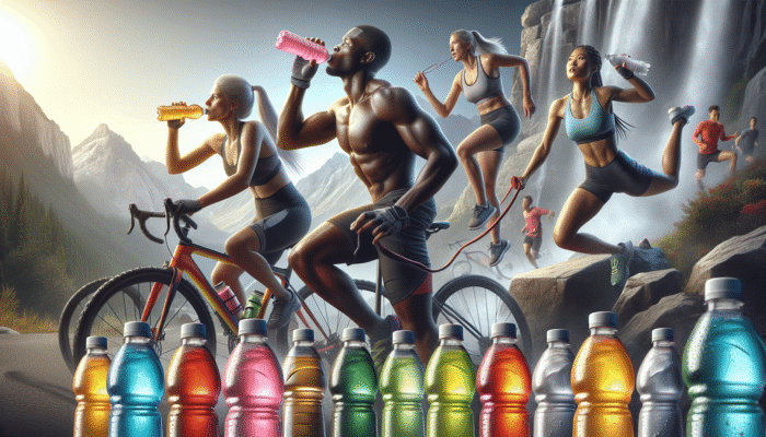 Vibrant ready-to-drink electrolyte beverages with athletes hydrating during rigorous workouts.