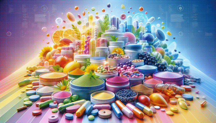 A vibrant collection of dietary supplements in capsules, tablets, and powders set against a lively backdrop.