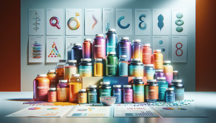 A collection of specialty supplement bottles showcasing probiotics, omega-3, and protein powders on a health-focused backdrop.