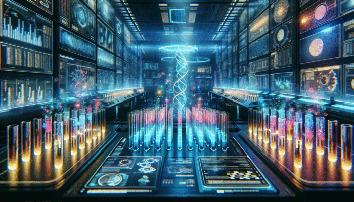 A state-of-the-art laboratory featuring glowing test tubes and digital displays showcasing protein absorption data.