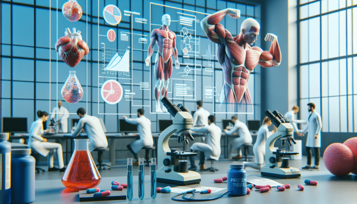 Researchers analysing muscle tissue samples under microscopes, with charts and protein supplements in the vicinity.