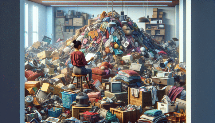A person with a clipboard assessing a cluttered living room for economical house clearance.