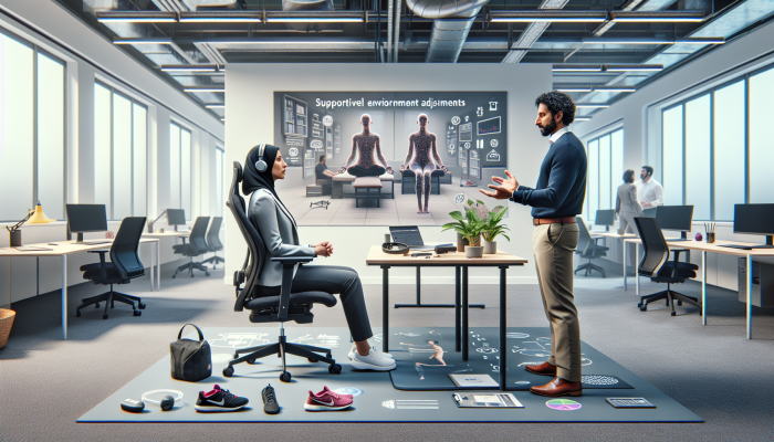 UK office setting with employee receiving personalized stress management advice from an occupational health professional.