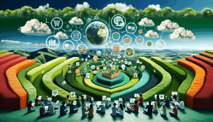 Infographic illustrating trends in sustainable living, featuring zero-waste tips and eco-friendly product reviews, highlighting diverse consumers engaged with digital devices.