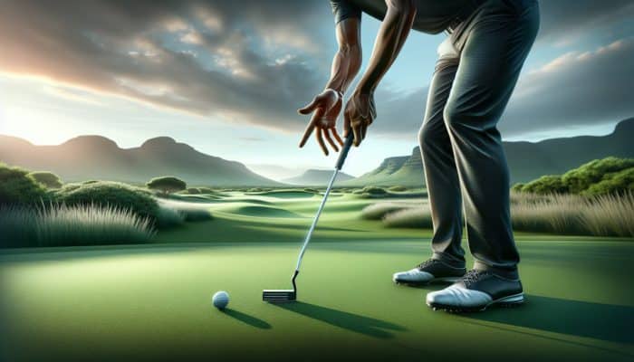 Golfer demonstrating 'reverse overlap' grip on putter for enhanced control on South African green.