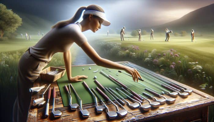 A golfer selecting a putter from a variety available on a wooden table in a lush green landscape.