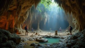 Four people with backpacks stand inside the majestic ATM Cave Belize, surrounded by stalactites, rocky formations, and a small pool of water. Sunlight shines through an opening above, illuminating the centre like a true Adventure Guide’s dream.