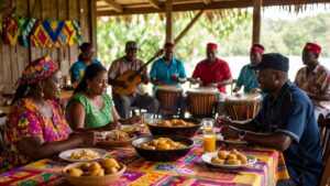 A gathering of people enjoying a meal featuring various Garifuna dishes and beverages, while musicians dressed in vibrant clothing play drums and guitars. The scene encapsulates the lively spirit of Garifuna culture in an outdoor setting adorned with colourful tablecloths.