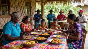 A family enjoys a meal together outdoors in Belize, sharing Garifuna cuisine. In the background, musicians play drums and other instruments under a thatched roof, reflecting the vibrant Garifuna culture. Everyone appears relaxed and content.