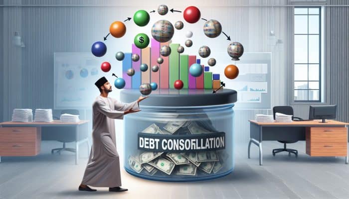 Debt Consolidation and Credit Score Myths: UK Insights | DCL A person juggling colourful balls as debts, consolidating them into a clear container in a financial office.
