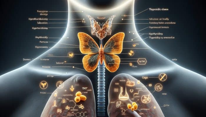 Detailed illustration of the thyroid gland at the front of the neck, depicting its production of T3 and T4 hormones, along with the impacts of hypothyroidism and hyperthyroidism.