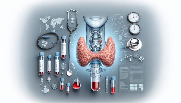 Illustration depicting thyroid gland with blood test vials and diagnostic charts for an in-depth evaluation.