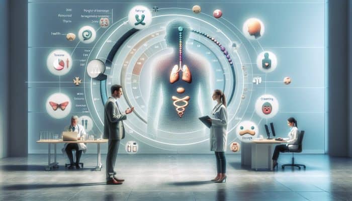 Individual consulting with a doctor about thyroid issues, with diagrams and test results visible in a modern office.