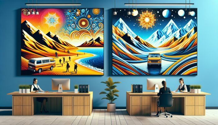 A car rental office adorned with vibrant posters that highlight summer beach and winter mountain themes, showcasing seasonal discounts.