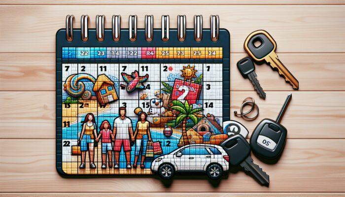Calendar marked with holiday dates and discount symbols, accompanied by car keys and travel brochures, with a family planning a vacation.