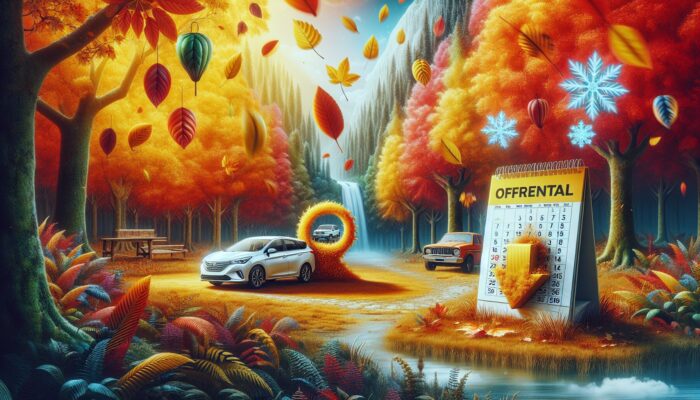 A tranquil autumn landscape featuring a car rental office, vibrant falling leaves, and a calendar highlighting off-peak seasons.