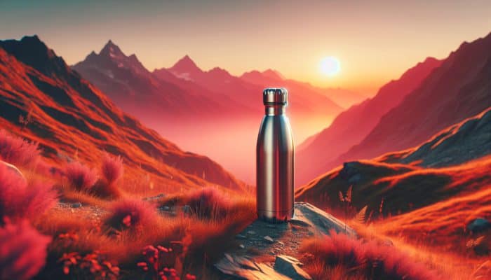 Rugged stainless steel water bottle with UV sterilisation, against a sunset mountain trail.
