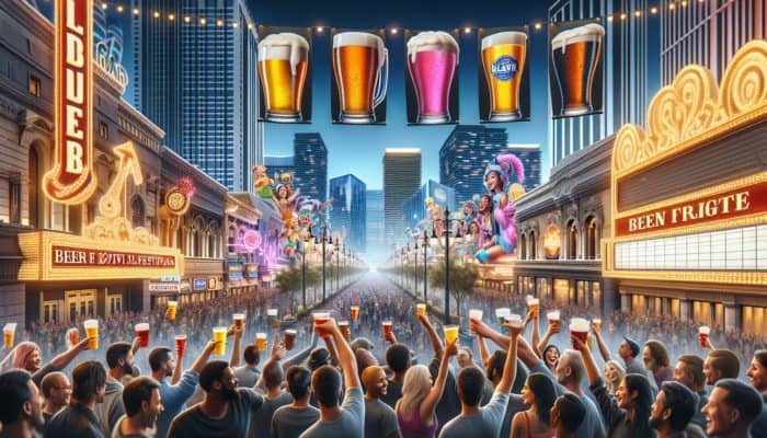 Attendees toasting with colourful craft beers at a lively Las Vegas street festival during Beer Week.