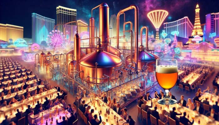 A vibrant Las Vegas scene featuring brewery tours, exclusive beer dinners, and guests enjoying tastings and culinary pairings.