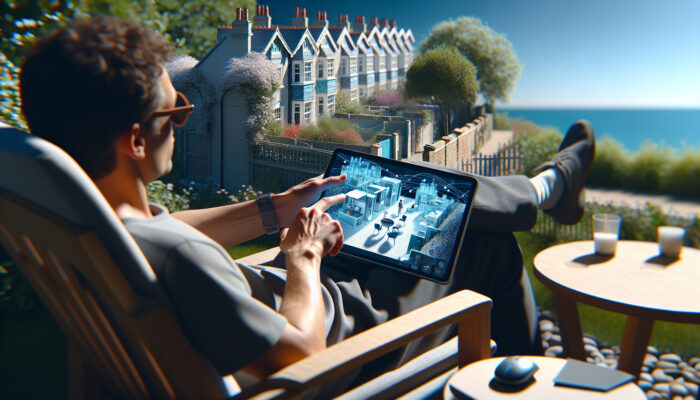 Individual in a Brighton garden using a tablet to manage decluttering of a London flat via video conference.