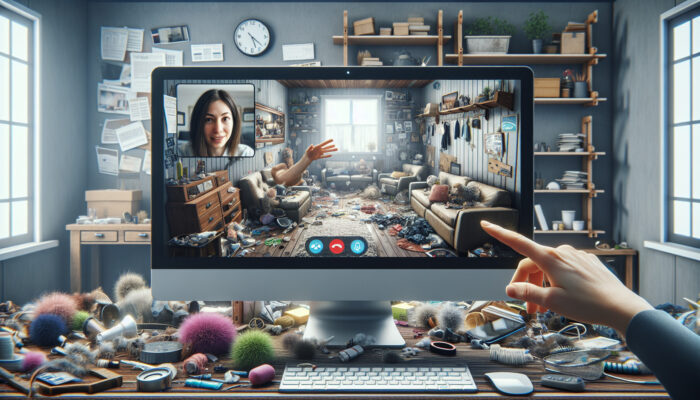 A digital platform illustrating a virtual home tour with a homeowner on a video call, guiding through a cluttered room.