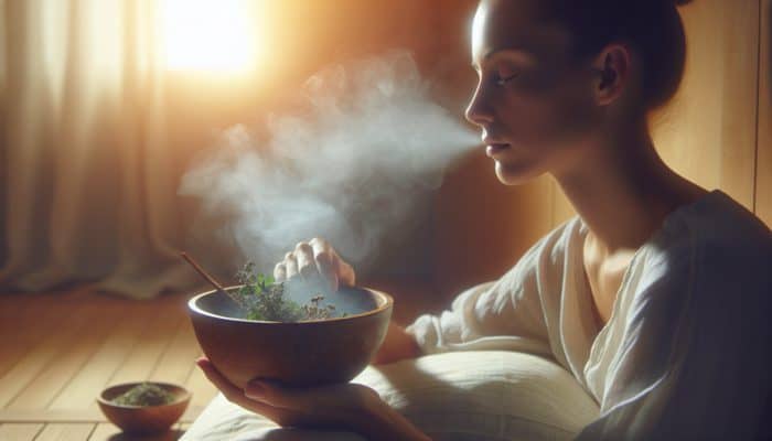 Person inhaling steam from a bowl infused with eucalyptus and peppermint, surrounded by warm mist, for improved respiratory health.