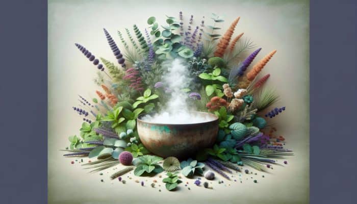 A tranquil spa environment featuring eucalyptus, mint, and lavender surrounding a steaming bowl for inhalation.