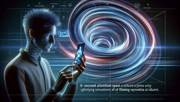 A captivated individual enjoying a vibrant short-form video on a smartphone amidst the chaos of digital content.