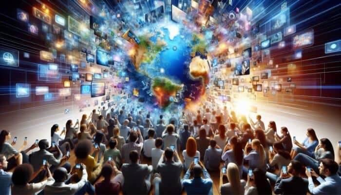 A diverse group of individuals globally using smartphones to watch and share short-form videos, showcasing digital connectivity.