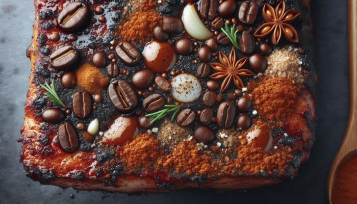 Grilled meat crust with coffee-based BBQ rub, featuring caramelised sweetness and savoury garlic and onion.