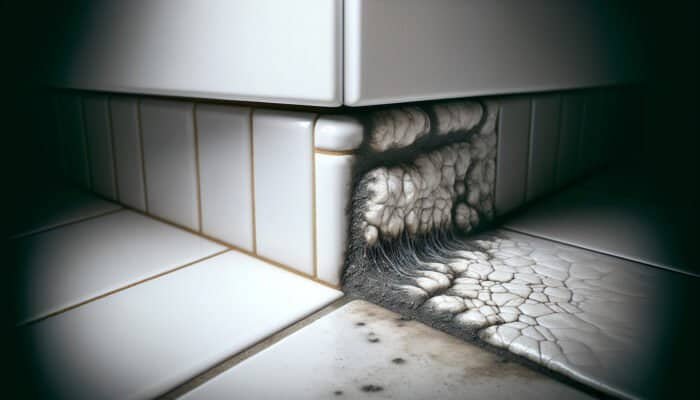 Close-up of kitchen tile grout showing clean and moldy areas, emphasizing the importance of cleaning.