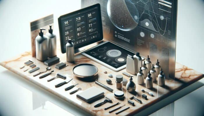 A price list for marble polishing services on a polished marble countertop with tools and compounds.