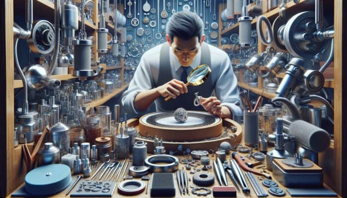A person examining jewellery with a magnifying glass in a workshop full of polishing tools and machines.
