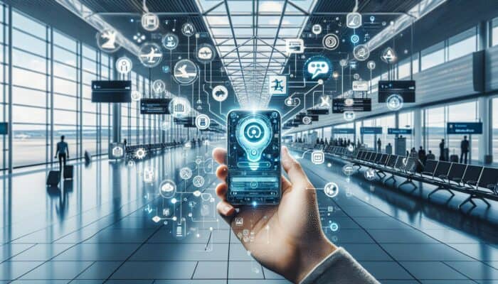 AI Chatbots Transforming Customer Service: A futuristic AI chatbot on smartphone providing instant travel updates and options to a traveller at the airport.