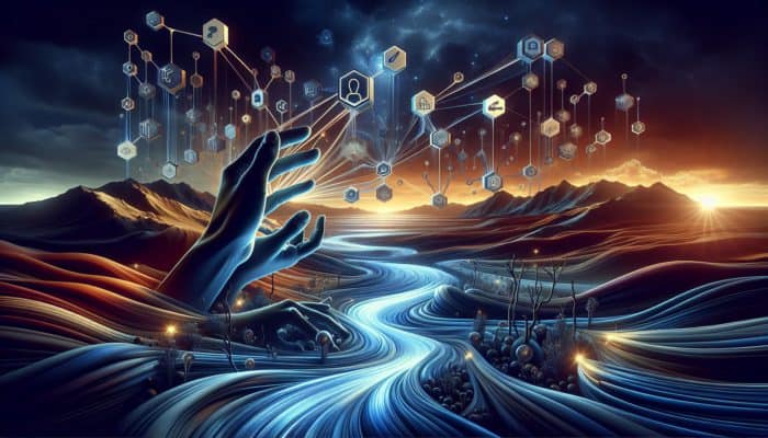 Hands reaching for luminous streams of light representing link equity within a digital realm.