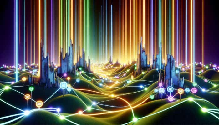 Illuminated pathways connect old, faded URLs to new, vibrant ones, symbolising the preservation of link equity during website rebranding.