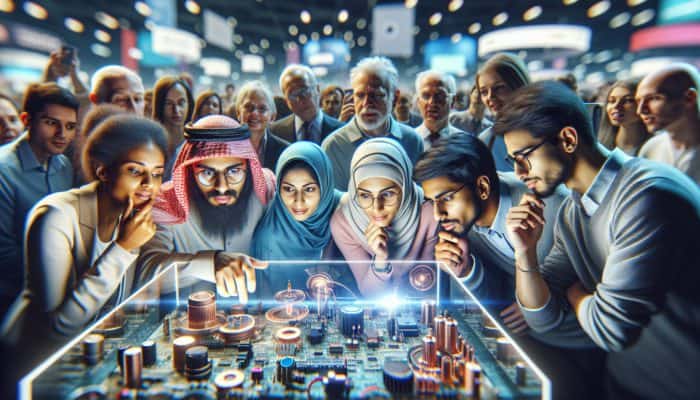 A diverse gathering of tech enthusiasts at a technology expo, attentively exploring the latest gadgets.