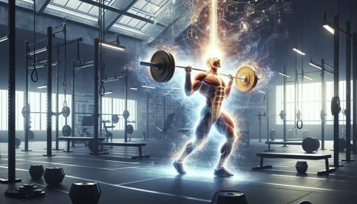 A muscular athlete lifting weights with a glowing aura and a bright mind.