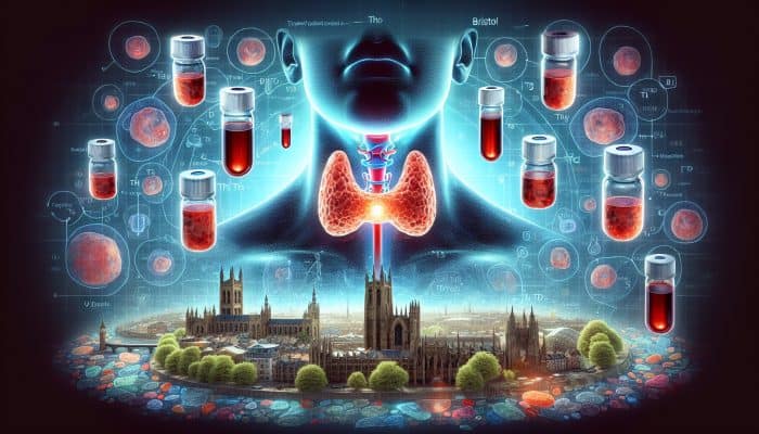 Illustration of thyroid gland and blood vials labelled TSH, T3, T4, with Bristol cityscape background.